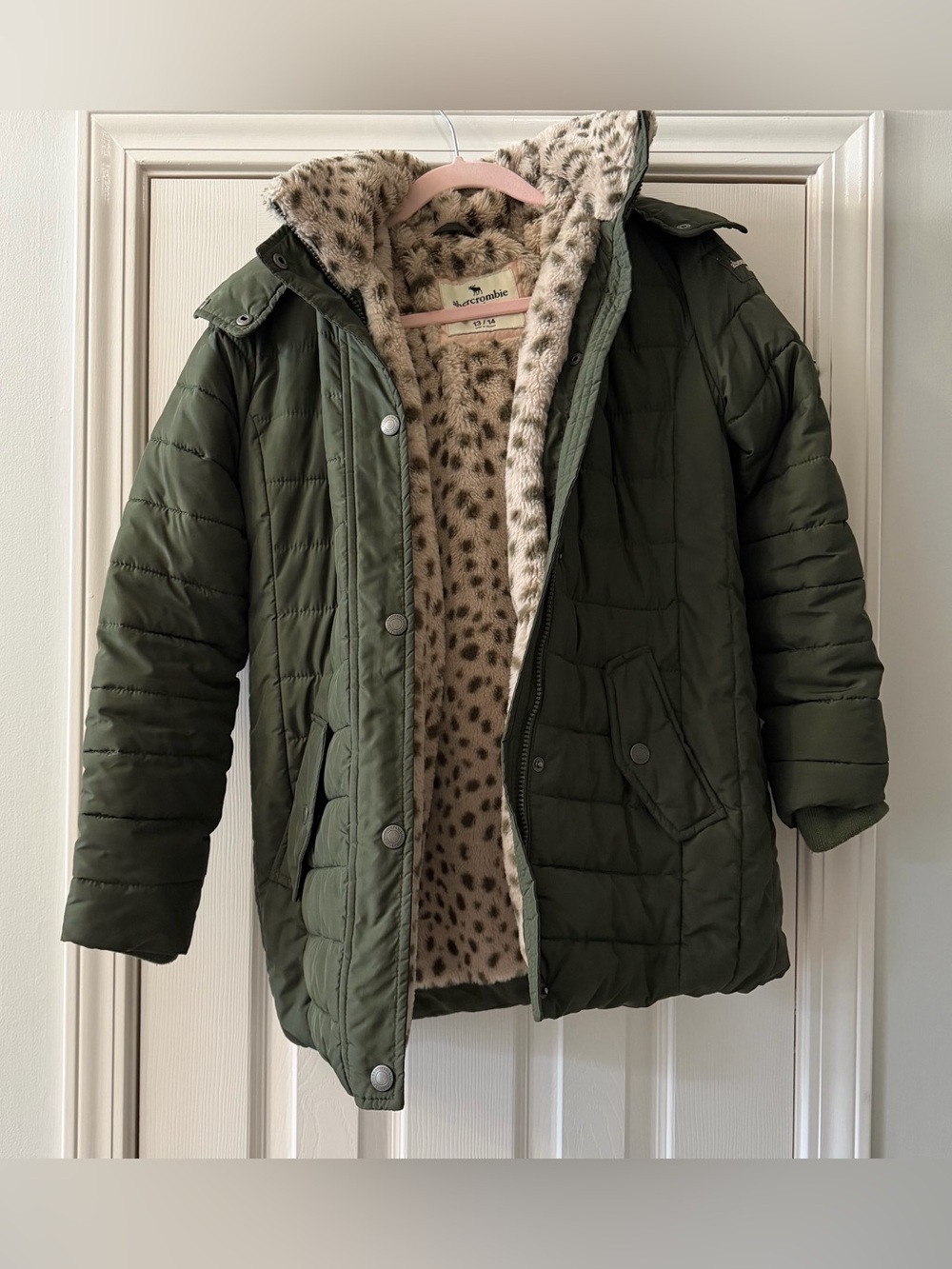 Abercrombie Kids Olive Leopard Faux Fur Puffer Parka Jacket 13/14 Fits Women S